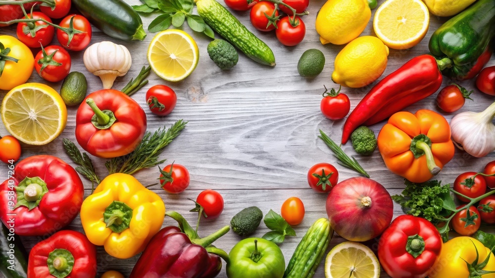 Pattern with assorted vegetables and fruits including bell peppers, tomatoes, lemons, and cucumbers, vegetables Pattern with assorted vegetables and fruits including bell peppers, tomatoes, lemons, and cucumbers, vegetables