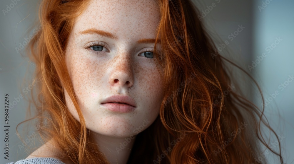 A close up image showcasing a woman s face adorned with red hair and blue eyes A close up image showcasing a woman s face adorned with red hair and blue eyes