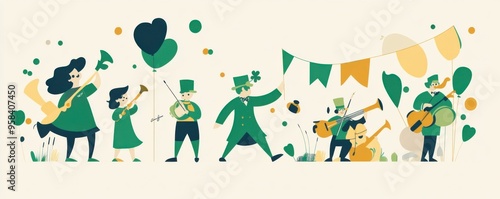 Flat design illustration of a cheerful parade featuring musicians in green outfits celebrating St. Patrick's Day with brass instruments and festive decorations.