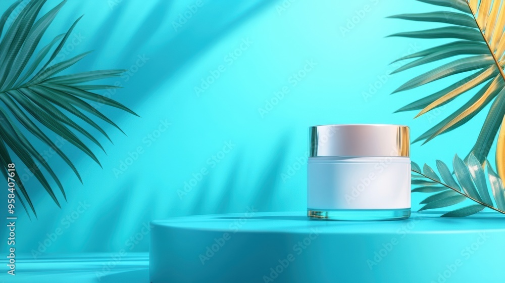 Cream-filled white cosmetic jars, blue table, sunlit with palm leaf shadows, flat design illustration Cream-filled white cosmetic jars, blue table, sunlit with palm leaf shadows, flat design illustration