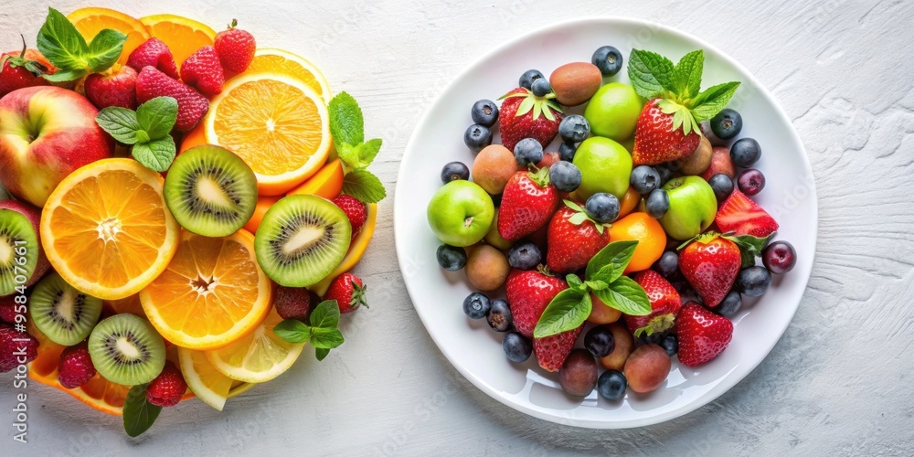 Fresh and colorful fruits arranged on a white plate, healthy, delicious, organic, vibrant, plate, variety, assortment, tropical Fresh and colorful fruits arranged on a white plate, healthy, delicious, organic, vibrant, plate, variety, assortment, tropical