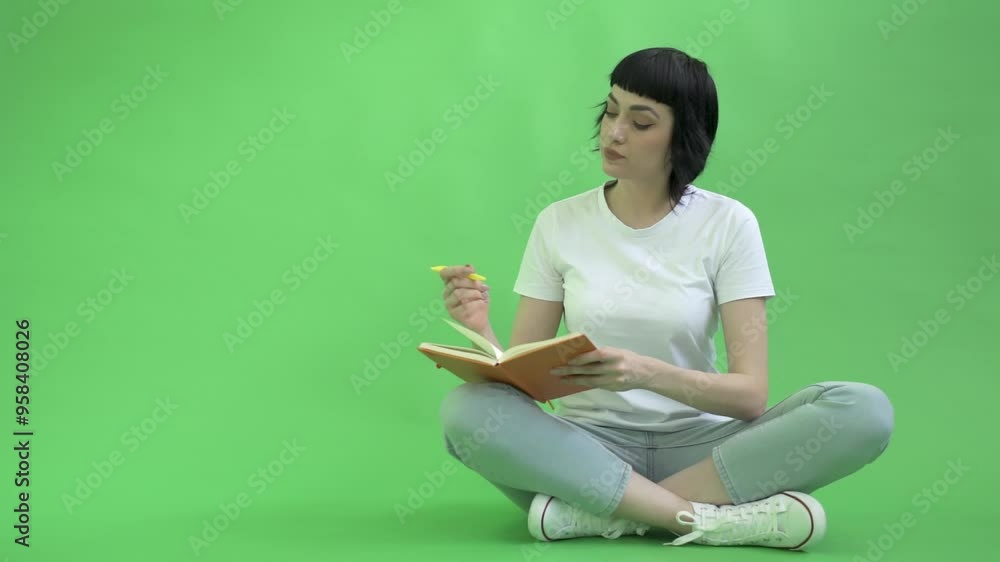 Young Woman Reading a Book While Sitting on a Green Background in a Serene Setting Young Woman Reading a Book While Sitting on a Green Background in a Serene Setting