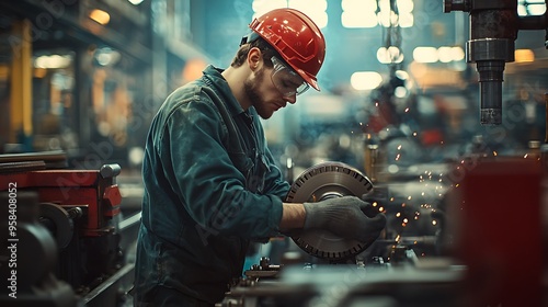 An industrial worker skillfully operates machinery, with sparks flying in a dance of fire and metal.