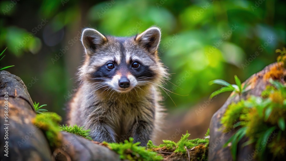 Fototapeta premium Playful and curious raccoon exploring its natural habitat, wildlife, mammal, North America, masked bandit, furry