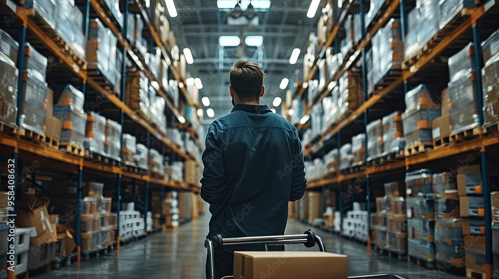 A Worker Pushing a Cart of Boxes in a Warehouse