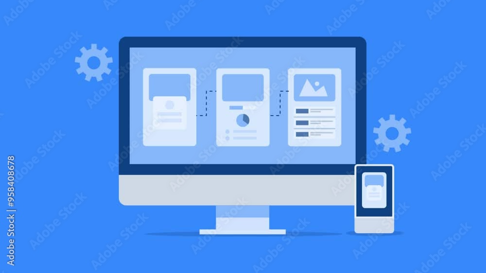 Mobile UI interface design layout flow chart on computer screen, smartphone app development conceptual explainer video animation. Mobile UI interface design layout flow chart on computer screen, smartphone app development conceptual explainer video animation.