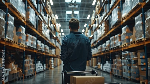 A Worker Pushing a Cart of Boxes in a Warehouse