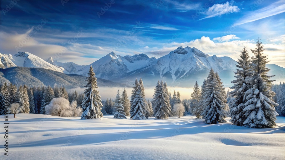Snow-covered landscape with trees and mountains in the background, winter, cold, snowfall, snowy, scenery, nature, white Snow-covered landscape with trees and mountains in the background, winter, cold, snowfall, snowy, scenery, nature, white