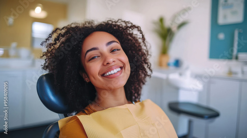 smiling dark-skinned woman sitting in dental chair in medical office, dental concept