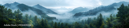 “A Panoramic View of Mist-Covered Mountains and Dense Pine Forests, Capturing the Majestic and Tranquil Beauty of Nature with Fog Shrouding the Peaks, Perfect for Representing Serene Landscapes and Na