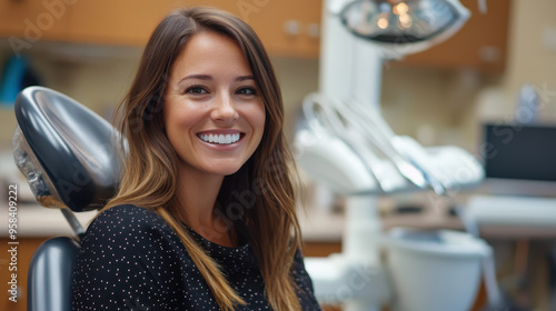 smiling dark-skinned woman sitting in dental chair in medical office, dental concept