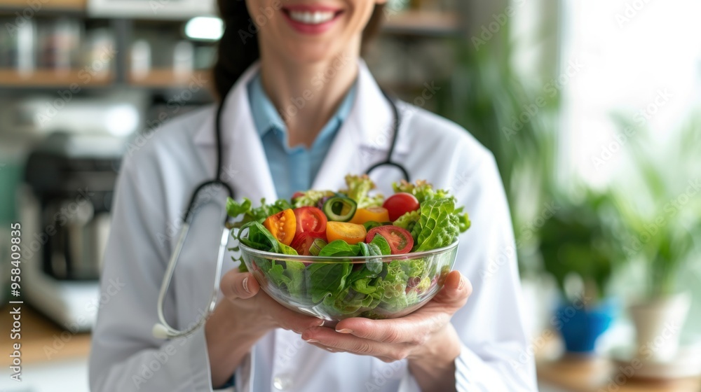A doctor is carefully holding a bowl of fresh salad in her hands A doctor is carefully holding a bowl of fresh salad in her hands