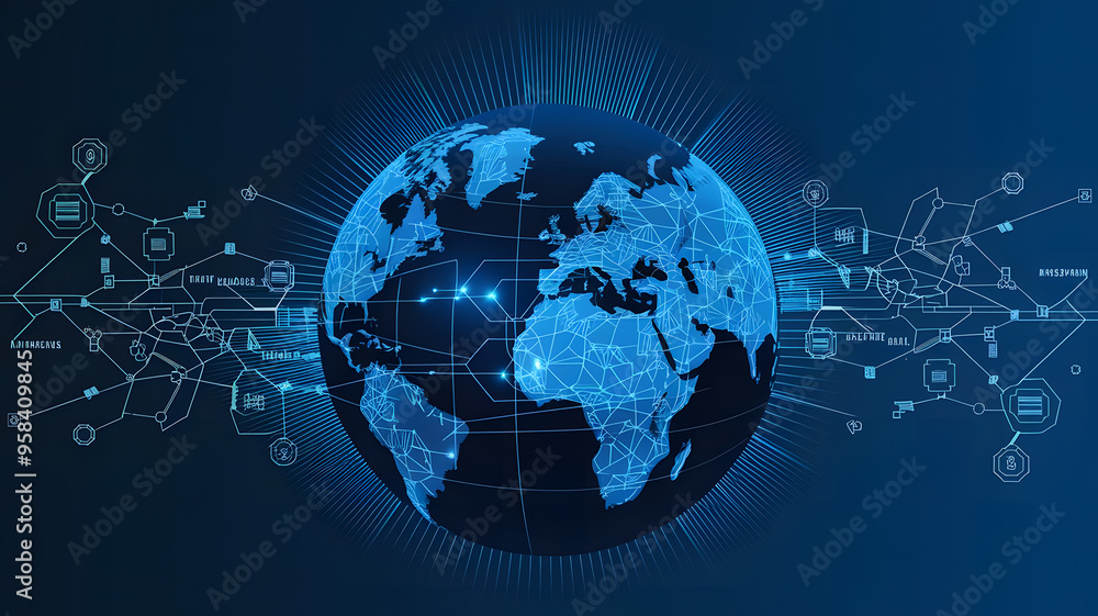 Outsourcing and Offshoring: A globe with digital pathways connecting different countries, representing outsourcing and offshoring in global business. Outsourcing and Offshoring: A globe with digital pathways connecting different countries, representing outsourcing and offshoring in global business.