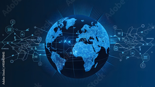 Outsourcing and Offshoring: A globe with digital pathways connecting different countries, representing outsourcing and offshoring in global business.