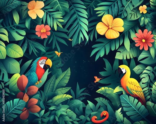 Tropical Illustration with Parrots, Flowers, and Lush Green Leaves