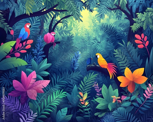 Tropical Rainforest Illustration with Parrots and Lush Foliage