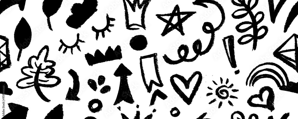 Seamless pattern with brush drawn doodle shapes. Heart, leaves, arrows, crown, flower, swirls and dots with dry brush texture. Banner background with nice graffiti style elements. Seamless pattern with brush drawn doodle shapes. Heart, leaves, arrows, crown, flower, swirls and dots with dry brush texture. Banner background with nice graffiti style elements.
