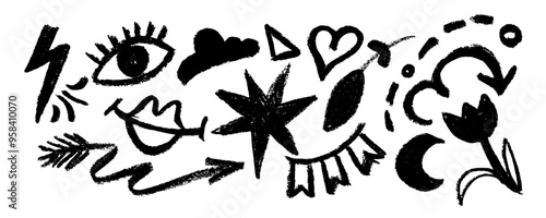 Collection of brush drawn symbols: heart, star, arrows, eye, tulip, swirls and dots with dry brush texture. Exclamation and question marks. Bold graffiti style shapes. Vector trendy illustration.