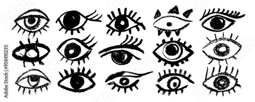 Set with brush stroke eyes . Hand drawn vector human parts of faces elements, various opened eyes. Black ink vision icon, hand drawn grunge ophthalmologist symbol, drawn charcoal eyes collection, 