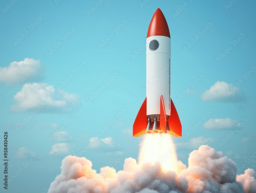 A vibrant rocket launching into a blue sky, surrounded by fluffy clouds and powerful flames, symbolizing adventure and innovation.