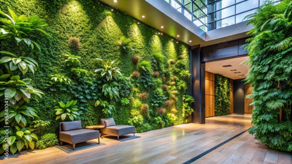 Open lobby with a vibrant green wall and lush plant , lobby, open space, green wall, plant, interior design Open lobby with a vibrant green wall and lush plant , lobby, open space, green wall, plant, interior design