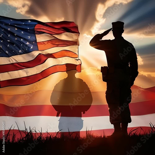 A soldier salutes the American flag at sunset, honoring service and sacrifice in a heartfelt tribute moment