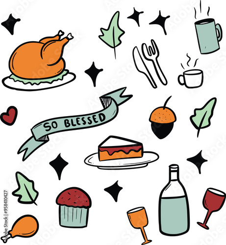 Thanksgiving doodle illustration collection set. Happy thanksgiving celebreation photo