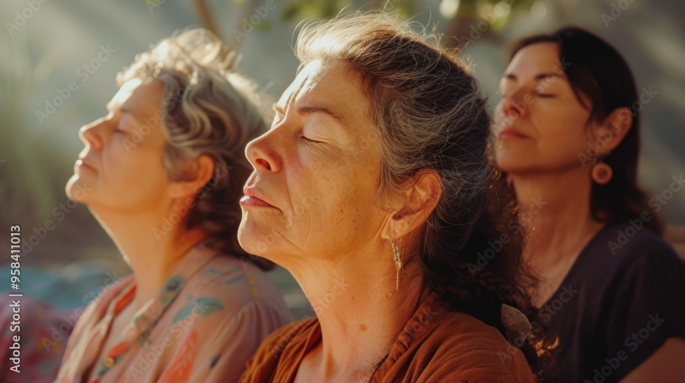 Three women are sitting together in a row, their eyes gently closed Three women are sitting together in a row, their eyes gently closed