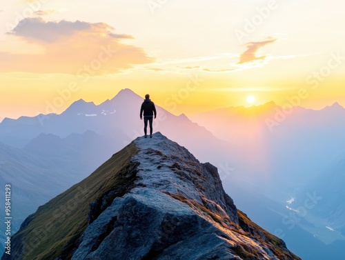 Silhouette of a lone hiker atop a rugged mountain peak against a stunning sunset backdrop, symbolizing adventure and solitude.