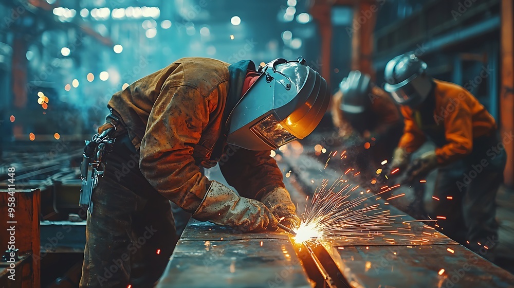 An industrial welder works intently, sparks flying as metal meets flame. An industrial welder works intently, sparks flying as metal meets flame.