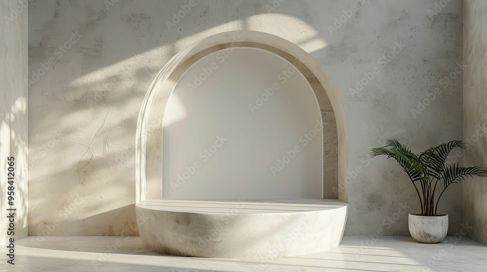 Minimalist Interior with Arched Window, Concrete Wall, and Plant Minimalist Interior with Arched Window, Concrete Wall, and Plant