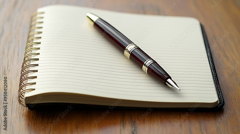 An open notebook and fountain pen lie on a wooden desk, ready to capture ideas and reflections. An open notebook and fountain pen lie on a wooden desk, ready to capture ideas and reflections.