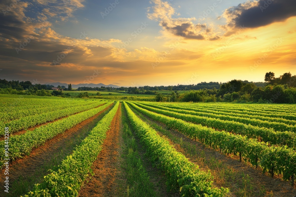beautiful view in a green farm field with rows of rural plants and vegetables with amazing sunset or sunrise on background of agricultural landscape, ai beautiful view in a green farm field with rows of rural plants and vegetables with amazing sunset or sunrise on background of agricultural landscape, ai