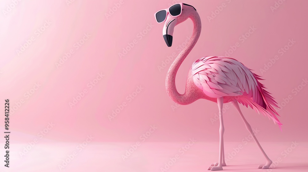 A cartoon flamingo wearing sunglasses stands on a pink background. A cartoon flamingo wearing sunglasses stands on a pink background.