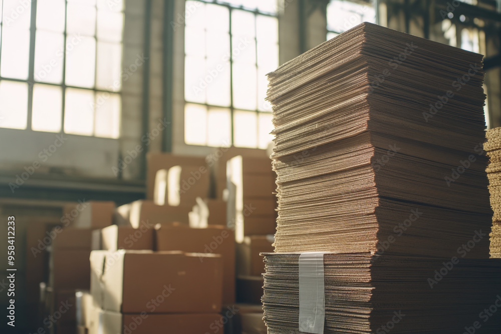 Cardboard sheets forming a high column in a storage room full of cardboard boxes
