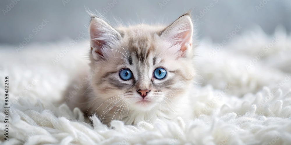 Serene blue-eyed kitten peacefully resting on a fluffy rug , kitten, blue eyes, serene, peaceful, cute, fluffy, rug, cozy, domestic cat Serene blue-eyed kitten peacefully resting on a fluffy rug , kitten, blue eyes, serene, peaceful, cute, fluffy, rug, cozy, domestic cat