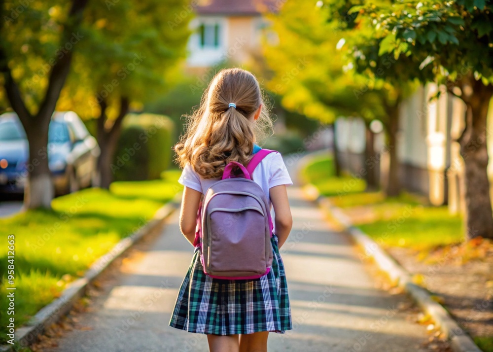 A schoolgirl girl walks down the street with a backpack. Rear view. A schoolgirl girl walks down the street with a backpack. Rear view.