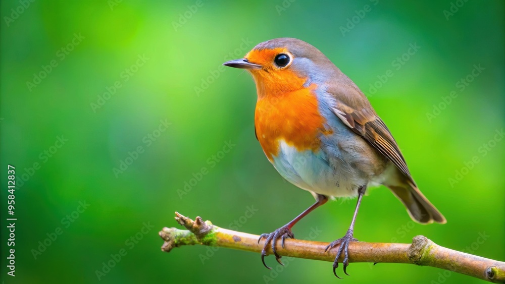 European robin perched on a branch with green background, European robin, bird, perched, branch, green, background, wildlife European robin perched on a branch with green background, European robin, bird, perched, branch, green, background, wildlife