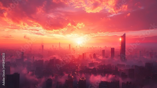 Sunrise paints the cityscape with pink clouds and fog, creating a serene and dreamy morning view.