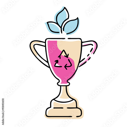 Eco-friendly trophy cup with recycling symbol in pink and beige