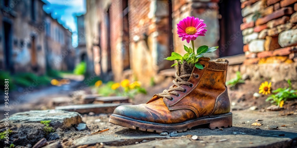 A vibrant flower blooming in an old boot amidst ruins , resilience, perseverance, new beginnings A vibrant flower blooming in an old boot amidst ruins , resilience, perseverance, new beginnings