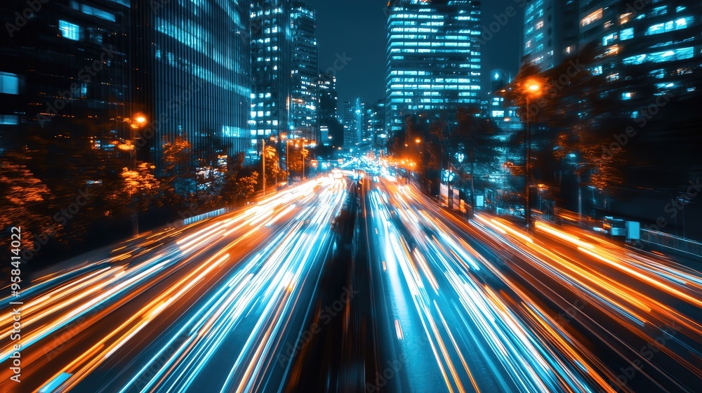 Fototapeta premium Dynamic urban scene showcasing vibrant light trails from city traffic at night against a backdrop of modern skyscrapers.