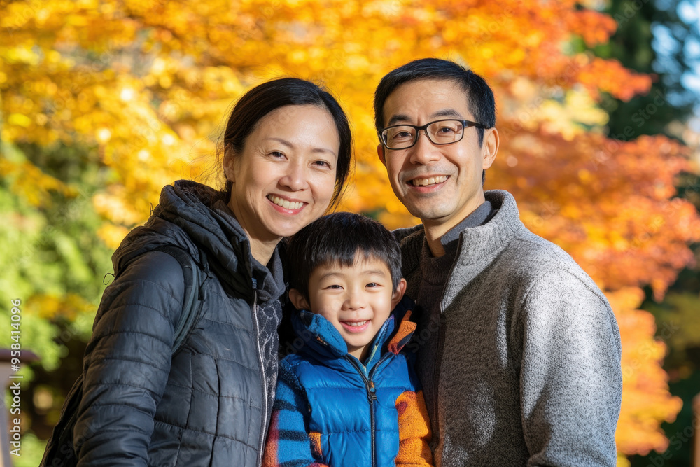 Happy family is posing for a picture with a beautiful autumn background Happy family is posing for a picture with a beautiful autumn background
