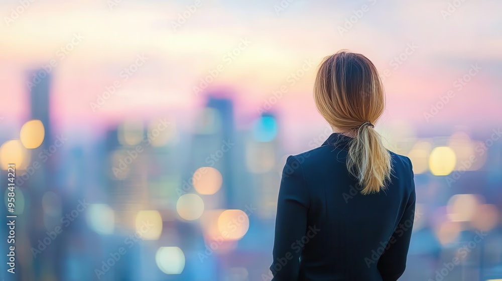 A businesswoman gazes thoughtfully at a vibrant city skyline during sunset, representing ambition and solitude. A businesswoman gazes thoughtfully at a vibrant city skyline during sunset, representing ambition and solitude.