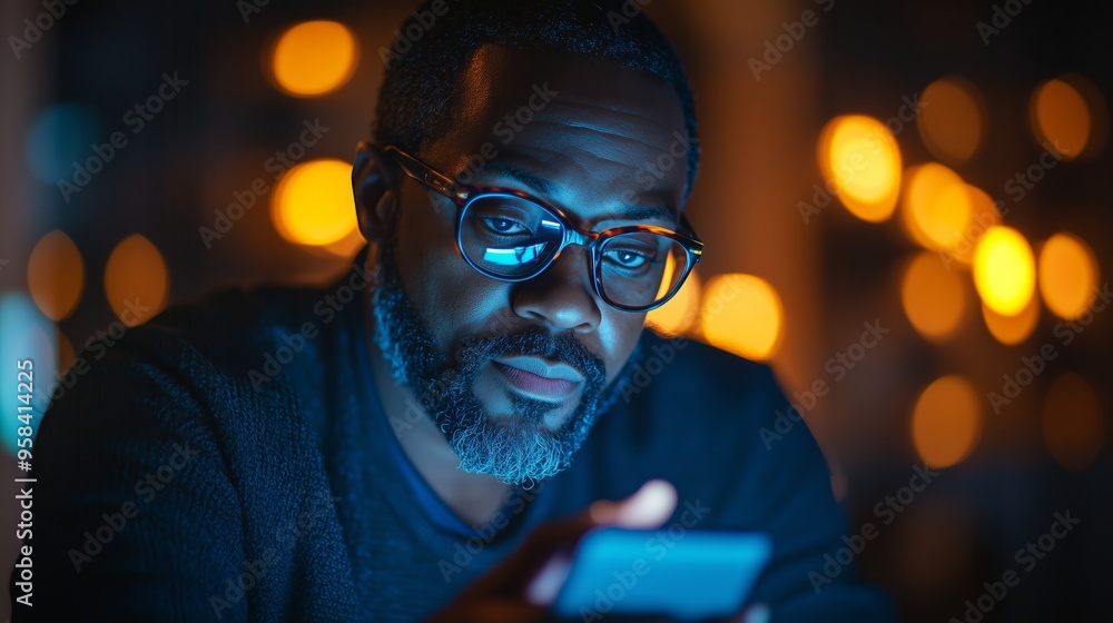 A man reviews content on his smartphone in a dimly lit room with glowing lights in the background during the evening hours A man reviews content on his smartphone in a dimly lit room with glowing lights in the background during the evening hours