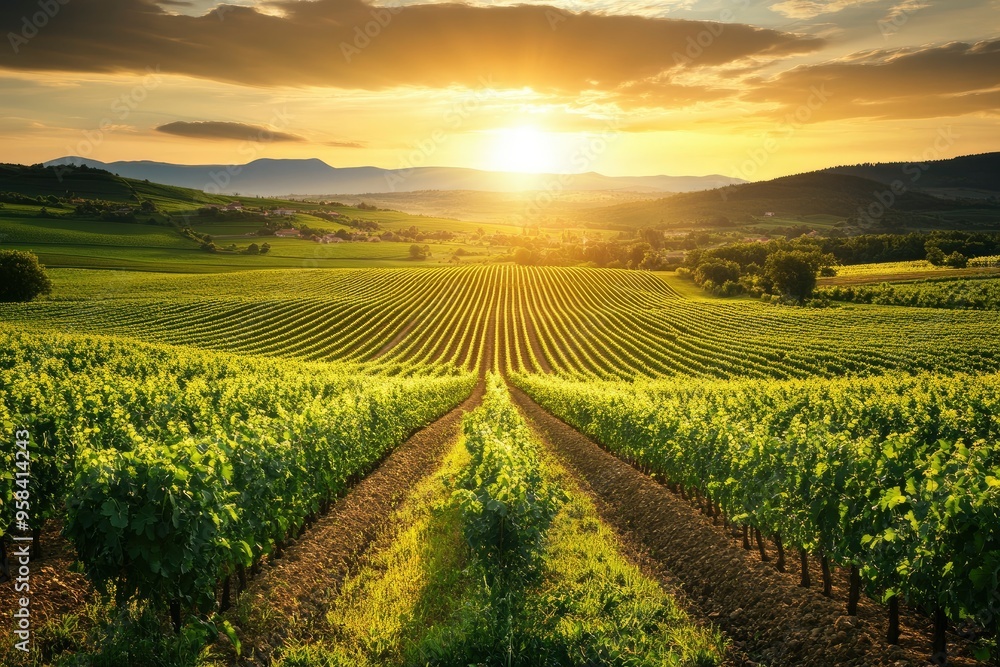 Fototapeta premium beautiful view in a green farm field with rows of rural plants and vegetables with amazing sunset or sunrise on background of agricultural landscape, ai