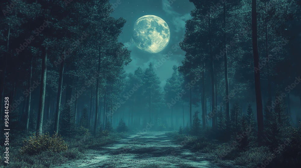 Eerie forest night scene featuring a full moon shining through tall trees, creating a mystical and calm atmosphere. Eerie forest night scene featuring a full moon shining through tall trees, creating a mystical and calm atmosphere.