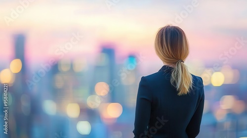 A businesswoman gazes thoughtfully at a vibrant city skyline during sunset, representing ambition and solitude.