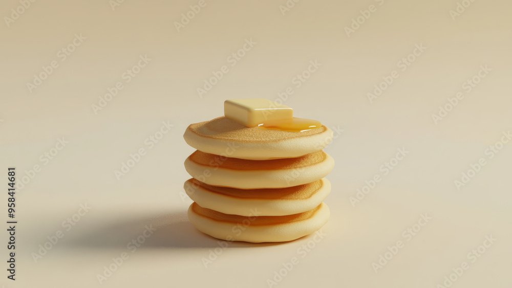Stack of fluffy pancakes topped with a square of melting butter and drizzled with golden syrup. Stack of fluffy pancakes topped with a square of melting butter and drizzled with golden syrup.