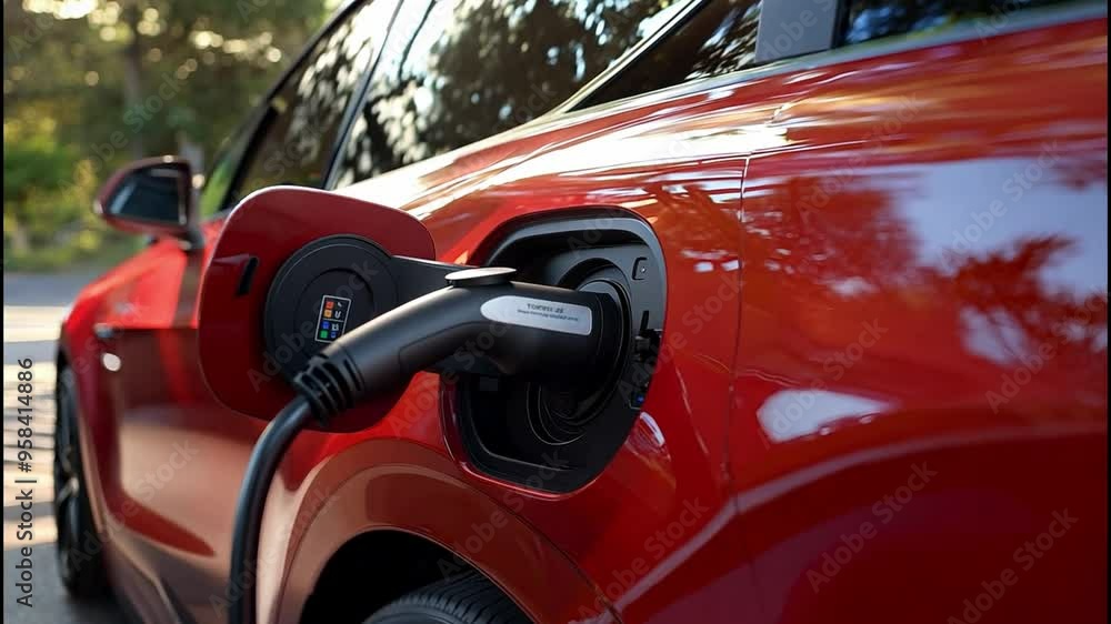 Detailed view of an electric car battery being charged at a public charging station Detailed view of an electric car battery being charged at a public charging station